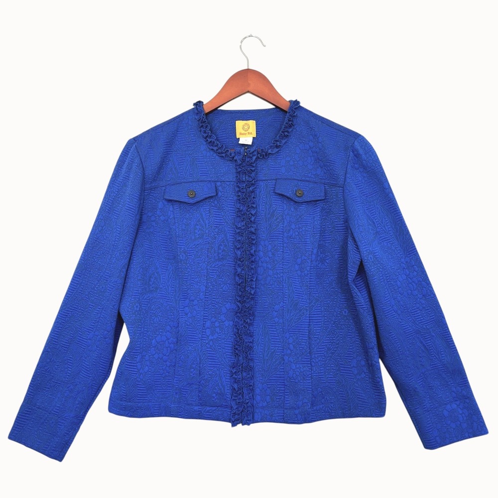Ruby Rd Jacquard ZipFront Jacket Sz 18 Royal Blue Polished Chic Office Statement